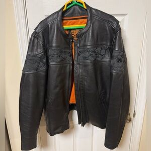 MILWAUKEE LEATHER Men's Riding Jacket 4XL Black Skulls Orange Lining